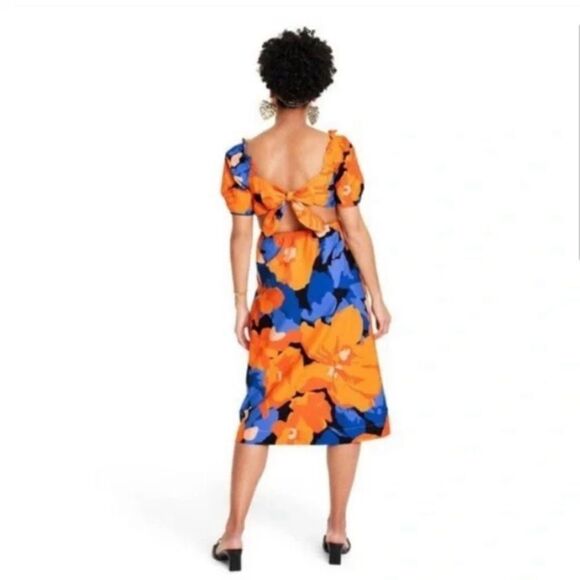 NWT Tabitha Brown X Target Floral Print Puff Sleeve Tie Back Midi Dress 10 - Picture 2 of 8
